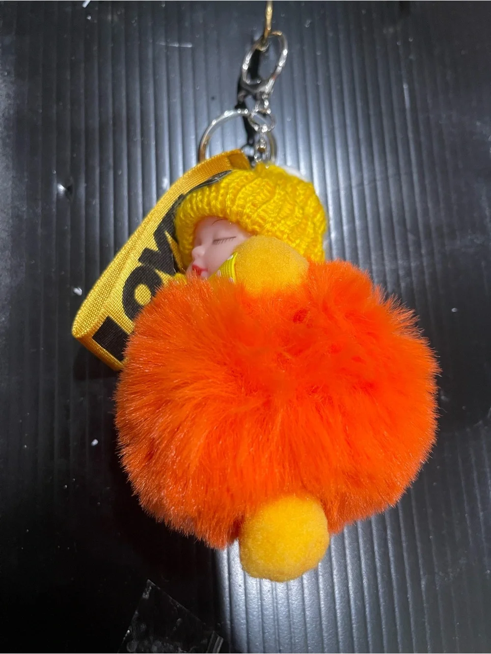 Cute Yellow Pom-Pom Doll Keychain with Bright Orange Fur